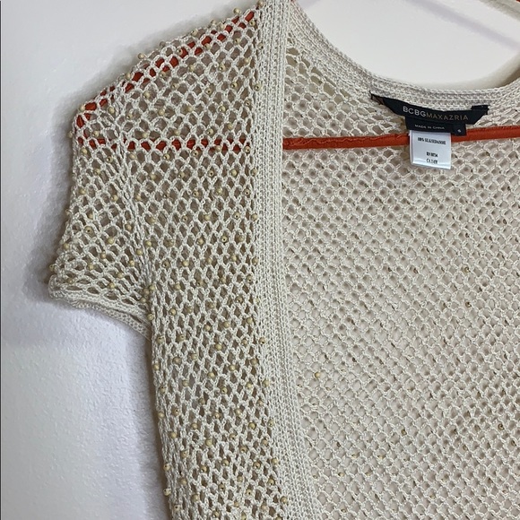 BCBGMaxAzria Sweaters - BCBGMAXAZRIA | Cream Crochet Wood Beaded Shirt Top | Open Cardigan | Cover Up